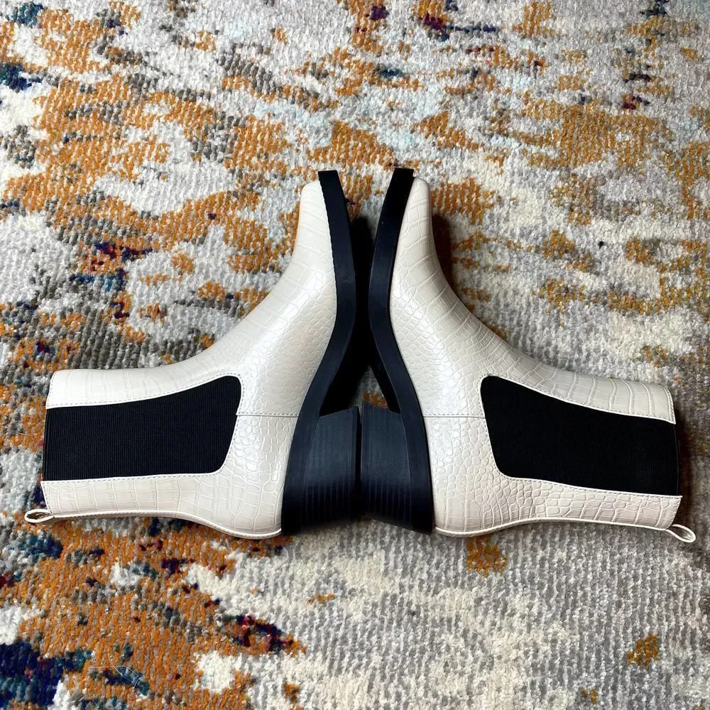 Open Edit Rectangular Toe Stacked Heel Croc-Embossed Ayla Chelsea Boot Ivory 8